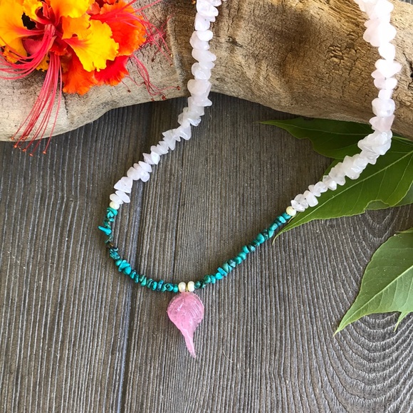 🌿Handmade Turquoise Blown Glass Rock Necklace🌿 - Picture 2 of 6